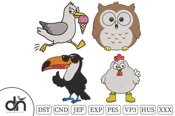 4 Funny Bird Friends Embroidery Bundle