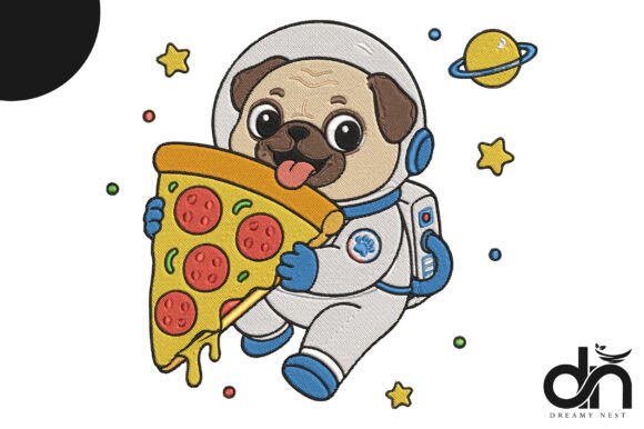 Astronaut Pug Pizza Embroidery Design