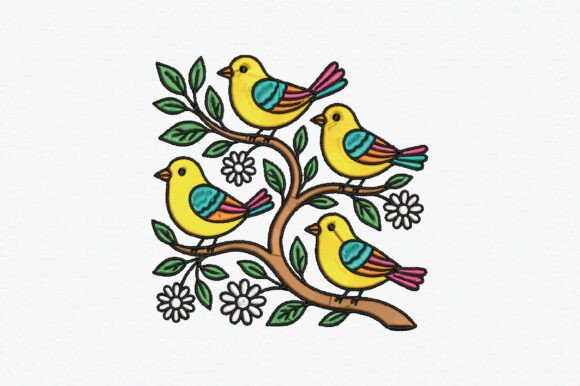 Bird Coloring Flowers Embroidery Design